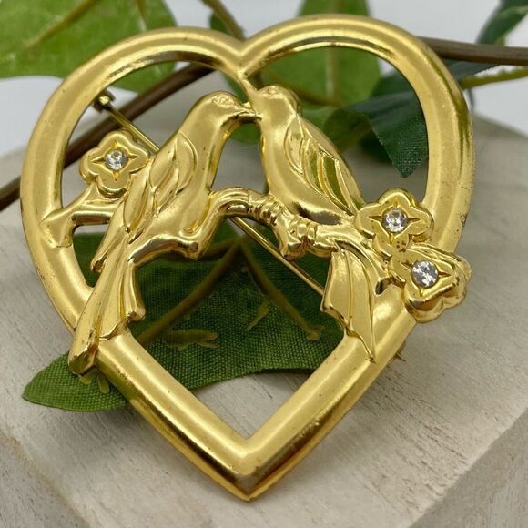 Vintage 1940s Lovebird Heart Rhinestone Brooch Pin - Picture 1 of 12